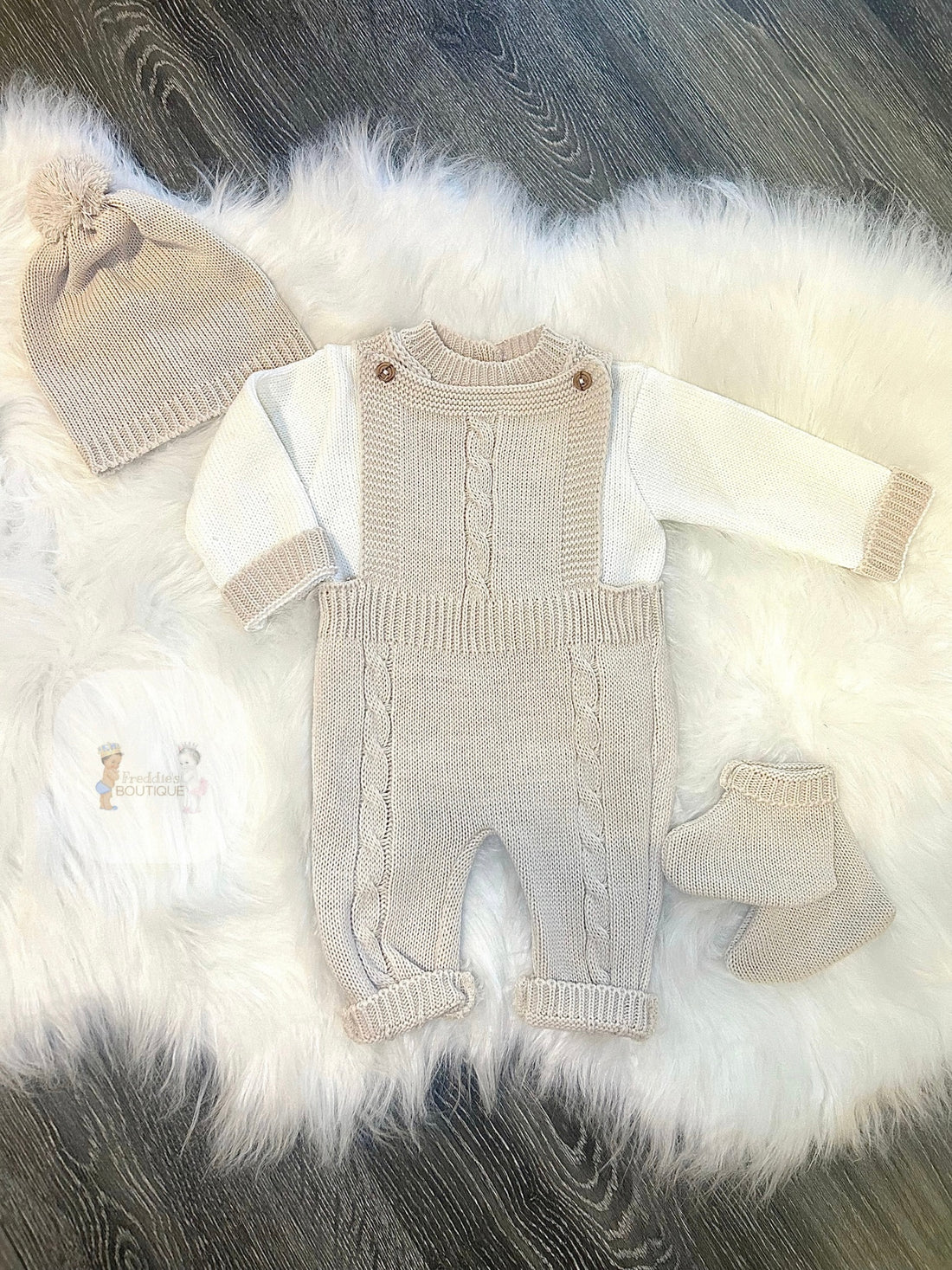 Knitted Dungaree Set With Matching Hat And Knitted Booties