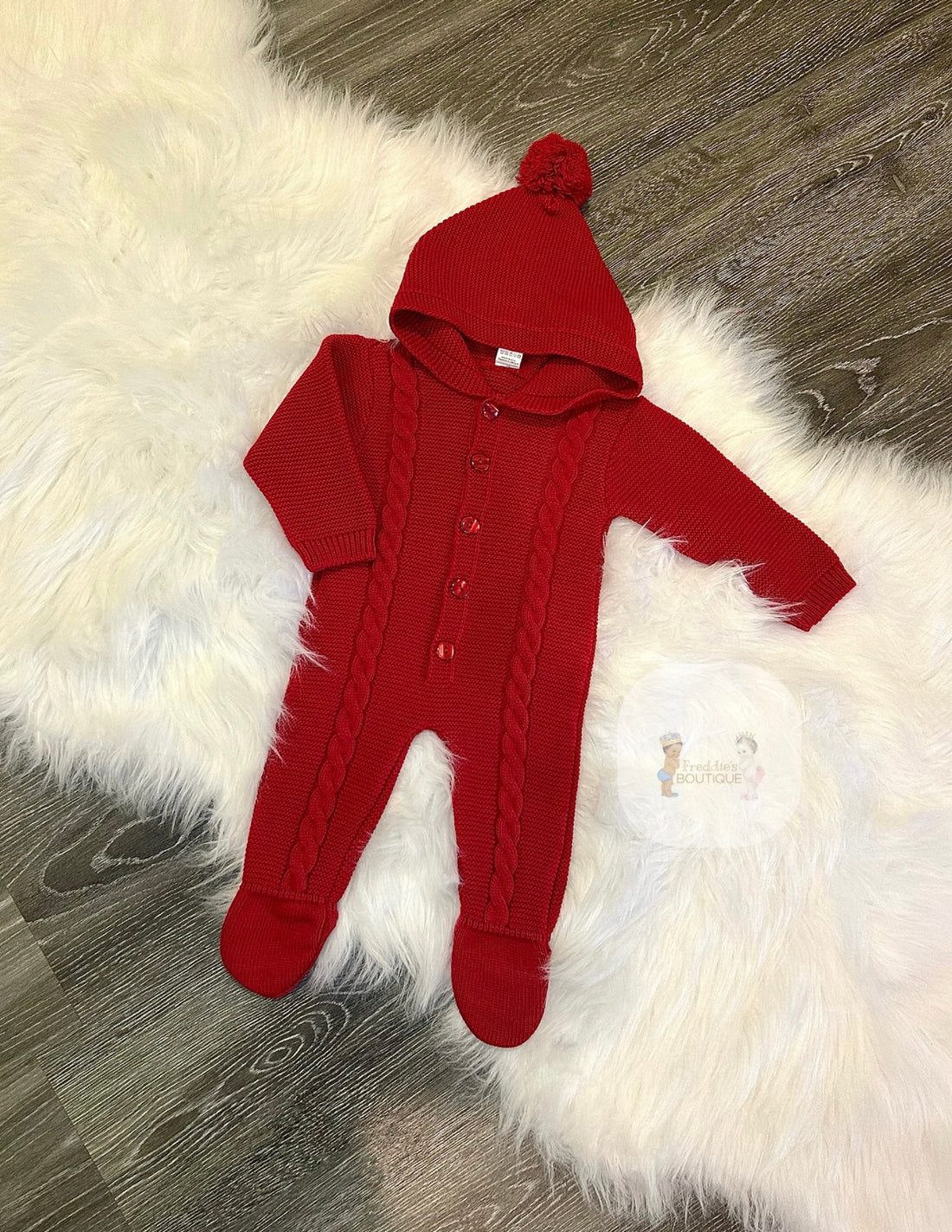 Red Pram Suit With Pom Pom Hood