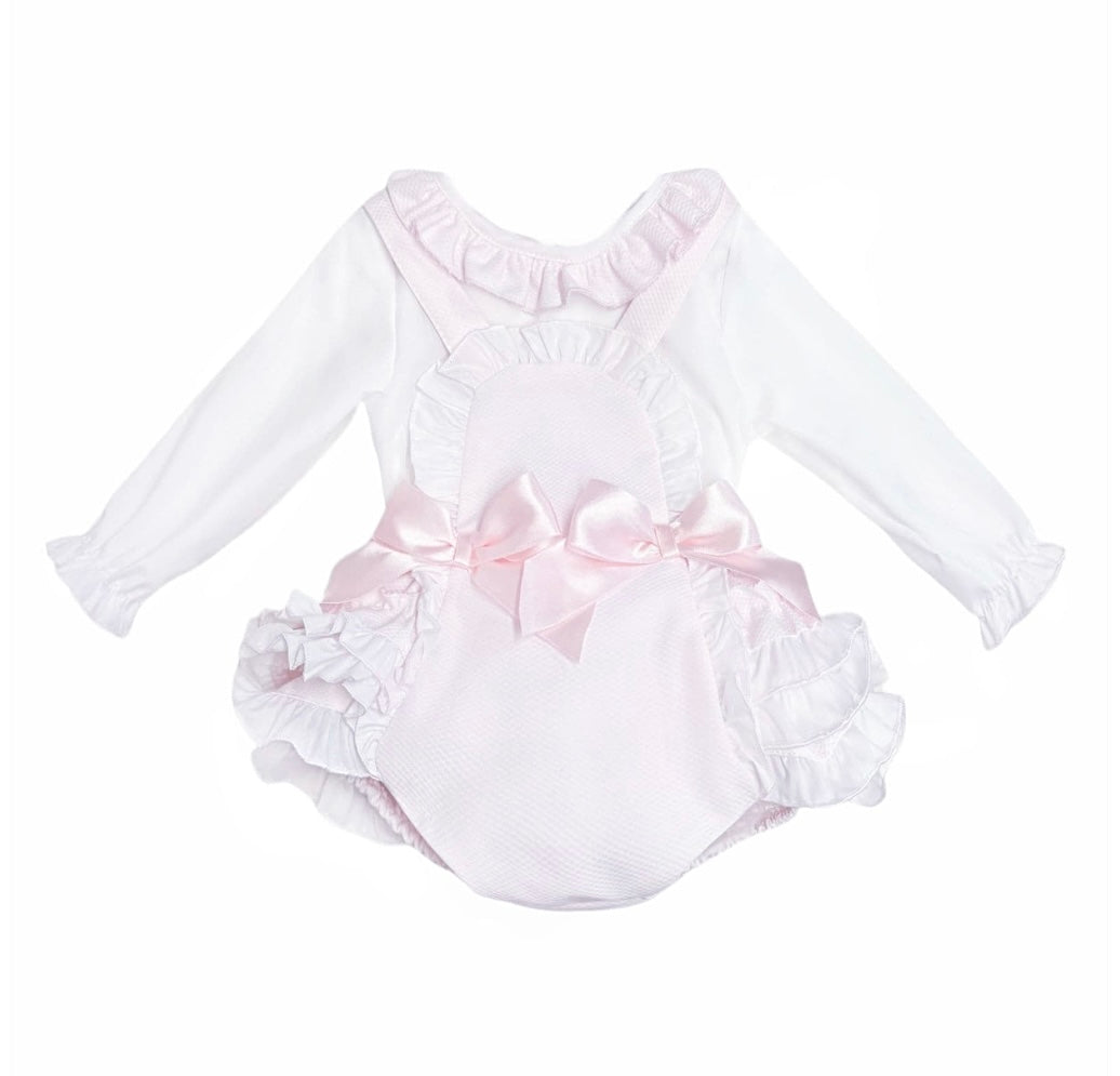 Wee Me Baby Pink Romper With Bow and Ruffle Detailing