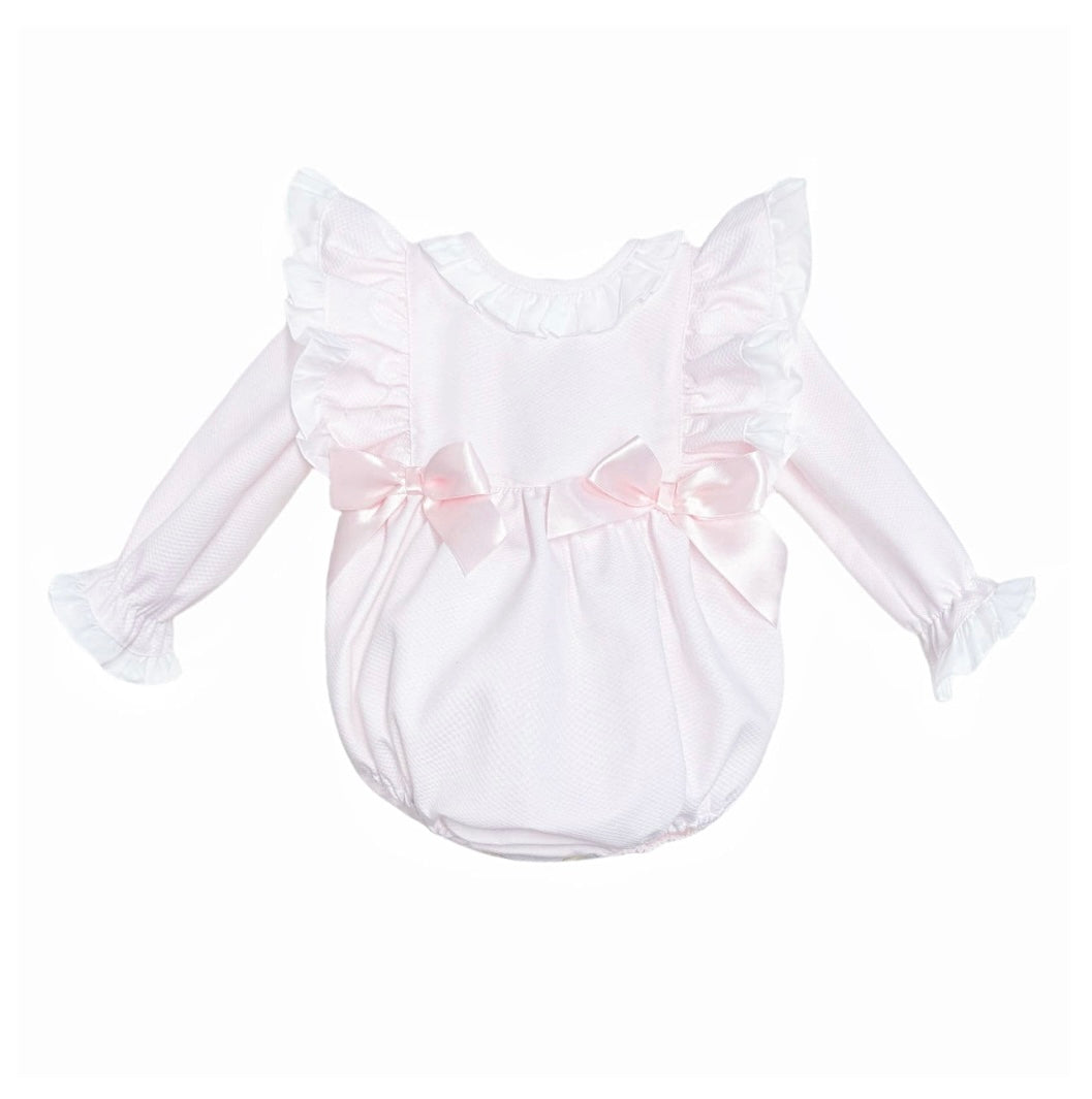 Wee Me Baby Pink Romper With Bow and Ruffle Detailing